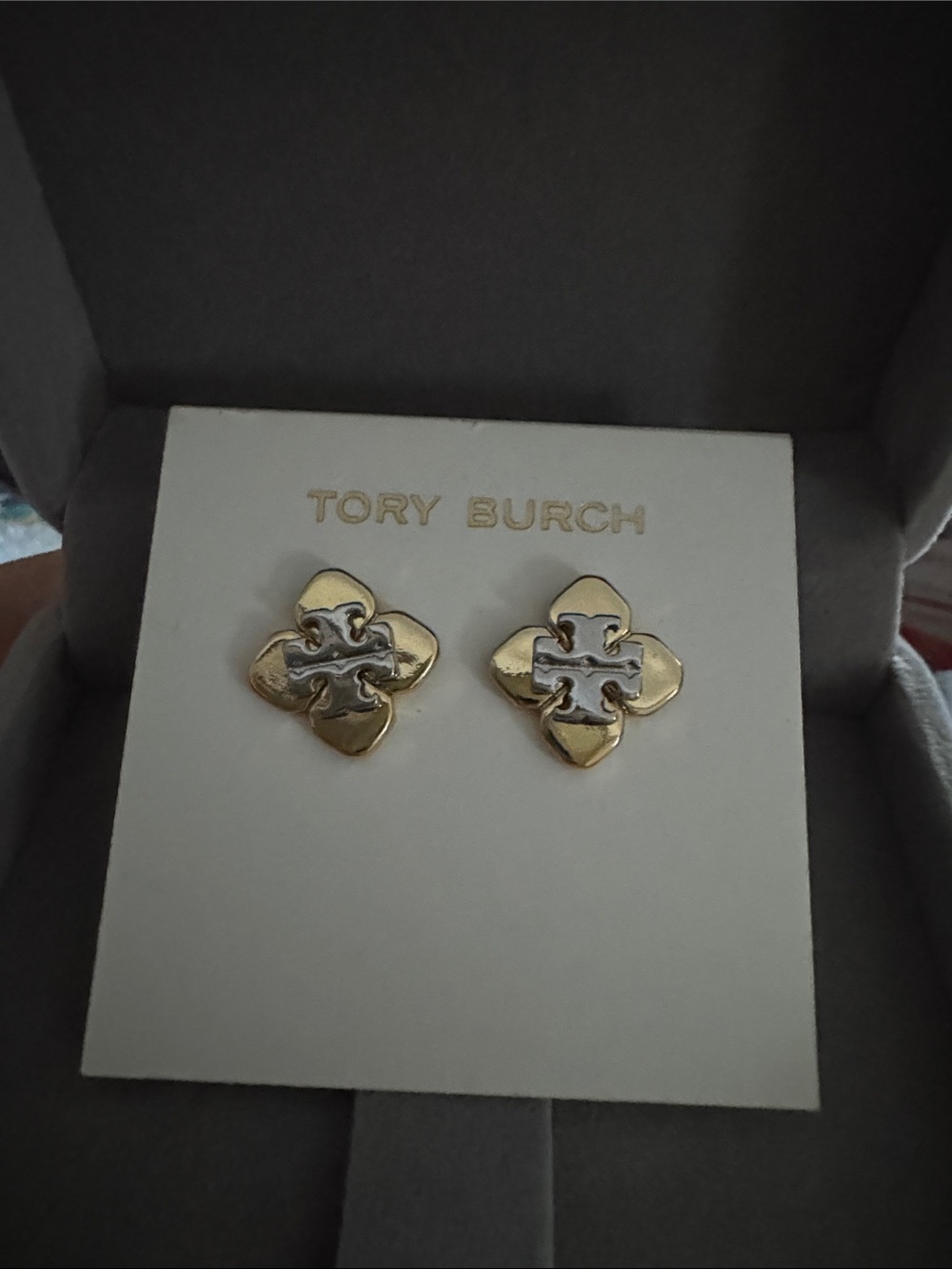 Tory Burch Logo Flower Two Tone Stud Earrings NEW $129
